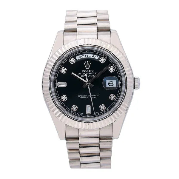 Rolex Day-Date II President White Gold 41mm Black Diamond Fluted Bezel 218239