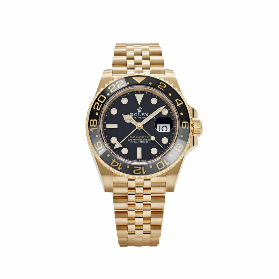 Rolex GMT-Master II 18K yellow gold watch featuring a black dial and a Jubilee bracelet  126718GRNR-0001