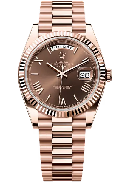 Rolex Day-Date 40 Rose Gold - Chocolate Dial, Roman Numerals & Fluted Bezel