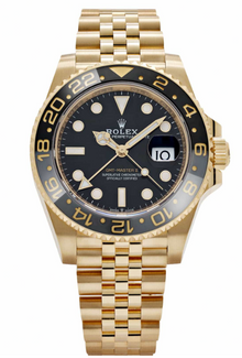 Rolex GMT-Master II 18K yellow gold watch featuring a black dial and a Jubilee bracelet  126718GRNR-0001