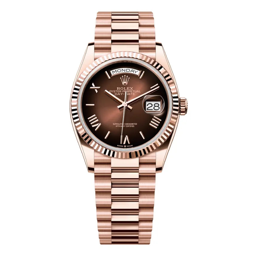 Rolex Day-Date 36 President Rose Gold Brown Ombre Roman Dial Fluted Bezel 128235
