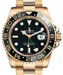 Rolex GMT-Master II 18K yellow gold watch featuring a black dial and a Jubilee bracelet  126718GRNR-0001